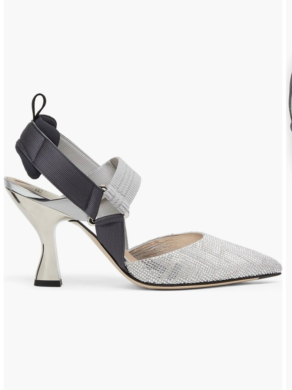 Fendi Silver Crystal Mesh Pointed-Toe Slingback Heels with Gray Straps